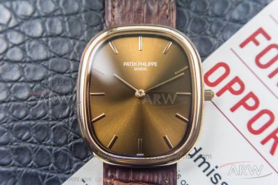 Swiss Copy Patek Philippe Golden Ellipse Brown Sunburst Dial Rose Gold Case Leather Band 9015 Automatic Watch